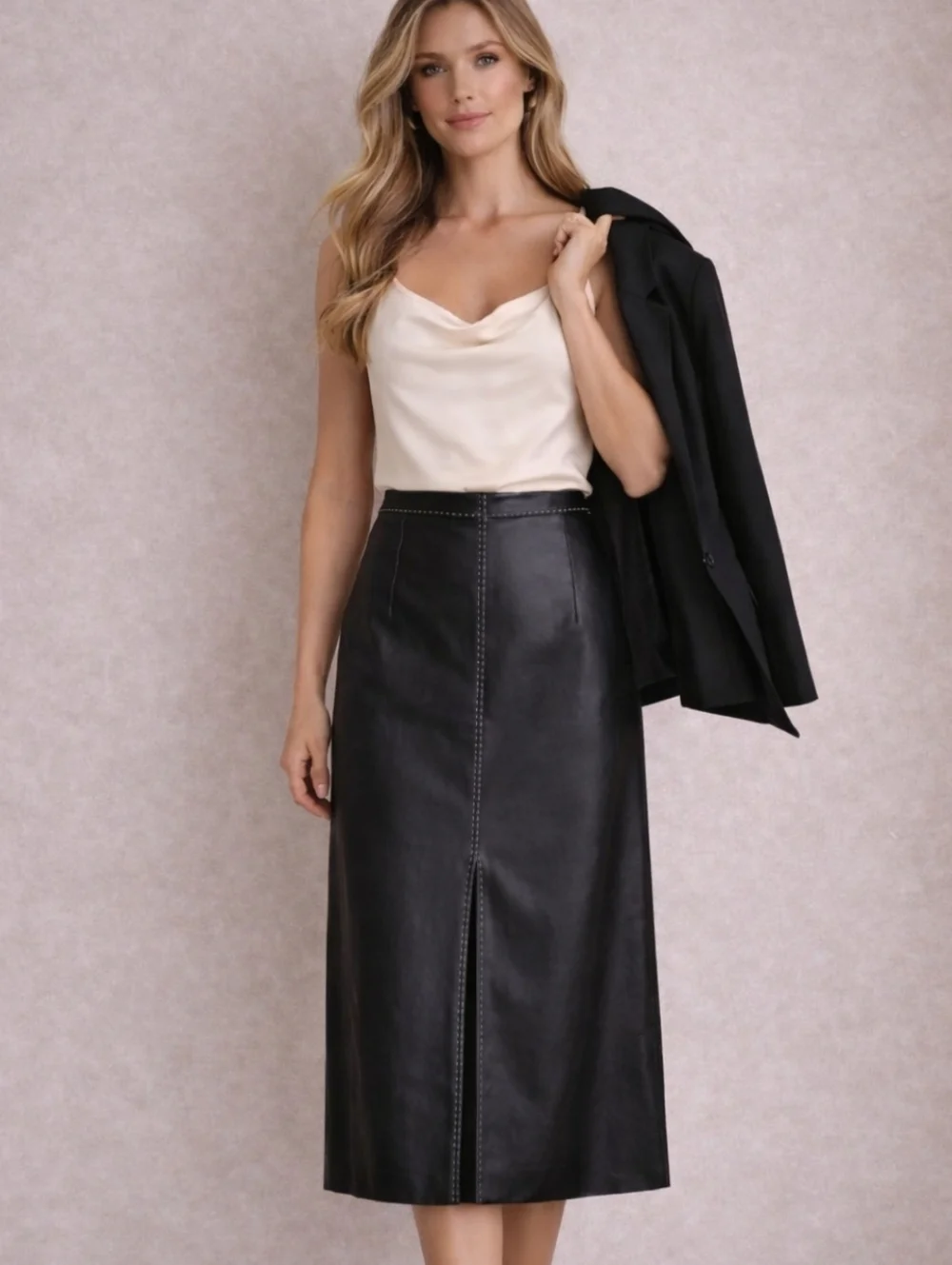 Rudsak| Luxury Black Leather Mid Skirt Contrast Stitching Inverted Slit - Picture 7 of 10